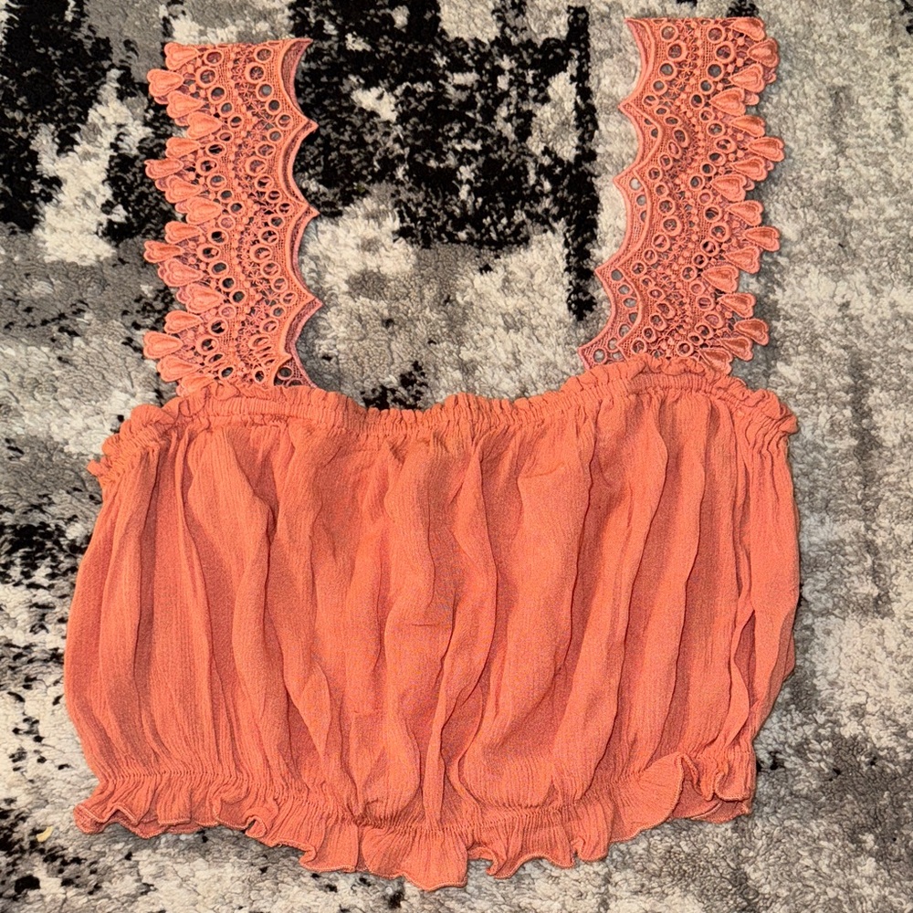 Coral Lace Trimmed Women's Top